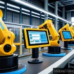데이터사이언스에서 강화학습 적용 - A modern Dutch industrial factory interior showcasing advanced automation with multiple robots and m...
