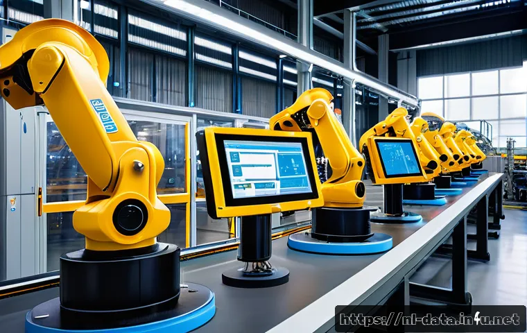 데이터사이언스에서 강화학습 적용 - A modern Dutch industrial factory interior showcasing advanced automation with multiple robots and m...